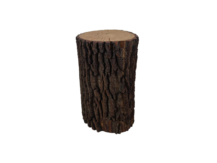 A rustic log side table with textured bark and a burnt orange wood-grain top, set on a white background.
